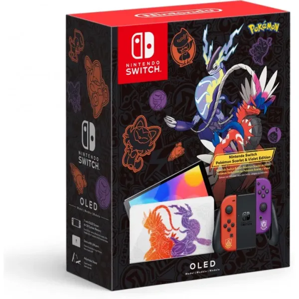 Nintendo Switch – OLED Model: Pokémon Scarlet & Violet Edition The Nintendo Switch – OLED Model: Pokémon Scarlet & Violet Edition system features special illustrations of the Legendary Pokémon appearing in the Pokémon Scarlet and Pokémon Violet games, Koraidon, and Miraidon, as well as the partner Pokémon Sprigatito, Fuecoco, and Quaxly. Glossy white dock with Legendary Pokémon illustrations On the surface of the glossy white dock, the Legendary Pokémon Koraidon and Miraidon are displayed in their respective version colors. The bottom-left side of the back of the dock has a Poké Ball motif. Hardware with the art of the 3 partner Pokémon A special illustration featuring the three Pokémon that you can choose as your first partner in the games, Sprigatito, Fuecoco, and Quaxly, adorns the back of the system alongside symbols that appear throughout the games. Specially-designed Joy-Con controllers The included Joy-Con controllers have the main colors of Pokémon Scarlet and Pokémon Violet and are decorated with the respective crests of the schools from the games, Naranja Academy and Uva Academy.